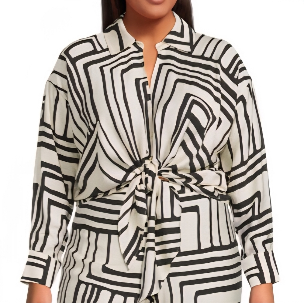 Lucy Paris Plus Rue Button Down Tie Front Black & Cream Blouse